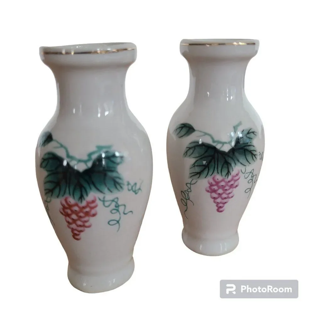 Mini Porcelain Ceramic Bud Vase Pair Grapevine and Leaf Design Vintage 1970s